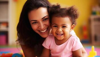 Mother and child having fun and laughing together, with a playful activity. Mother's day. photo