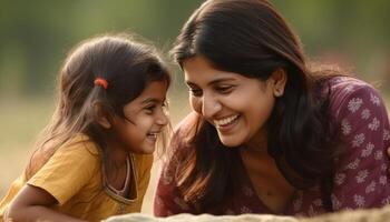 Mother and child having fun and laughing together, with a playful activity. Mother's day. photo