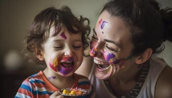 Mother and child having fun and laughing together, with a playful activity. Mother's day. photo