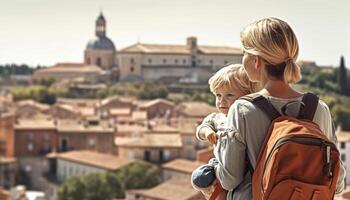 madre y niño explorador un nuevo ciudad o ubicación juntos, con interesante monumentos y sonidos en el antecedentes. de la madre día. generativo ai foto