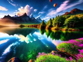 Wallpaper landscape, painting, fantasy art, anime, water, nature, sky, clouds, Earth, bridge, world, ART, mountain, balloons, screenshot, computer wallpaper, special effects, organism, photo