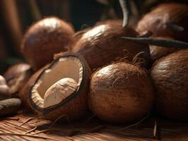 Beautiful organic background of freshly picked coconuts created with technology photo