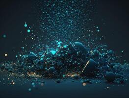 Dark blue and glow particle abstract background Blurry bokeh background with sparkles, particles and glitter created with technology photo