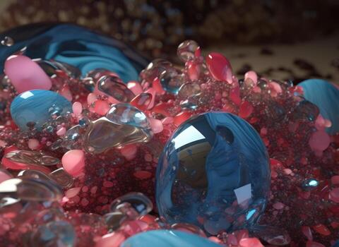 Vibrant pink abstract composition of colorful circular shapes arranged in a grid pattern was created with technology photo