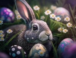 Happy Easter background concept Bunny with easter eggs on meadow with flowers created with technology photo