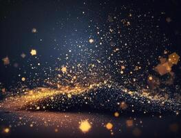 Dark blue and glow particle abstract background Blurry bokeh background with sparkles, particles and glitter created with technology photo