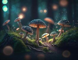 Fantasy mushroom landscape in the forest created with technology photo