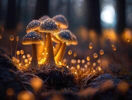 Fantasy mushroom landscape in the forest created with technology photo