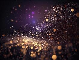 Dark blue and glow particle abstract background Blurry bokeh background with sparkles, particles and glitter created with technology photo