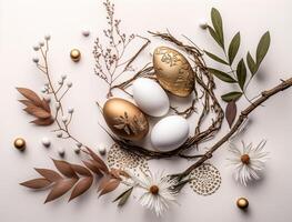 Happy Easter background concept with easter eggs and willow branch on a white background created with technology photo