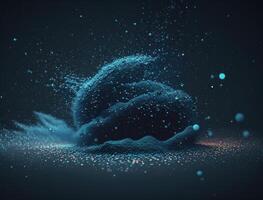 Dark blue and glow particle abstract background Blurry bokeh background with sparkles, particles and glitter created with technology photo