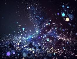 Dark blue and glow particle abstract background Blurry bokeh background with sparkles, particles and glitter created with technology photo