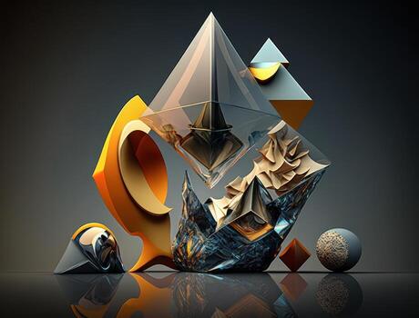 Abstract chaotic geometric background Glossy pyramids and spheres background created with technology photo