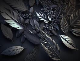 Abstract dark black metallic leaves background created with technology photo