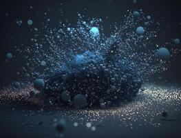 Dark blue and glow particle abstract background Blurry bokeh background with sparkles, particles and glitter created with technology photo