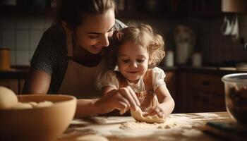 madre y niño unión terminado un compartido actividad, tal como Cocinando o elaboración de la madre día. generativo ai foto