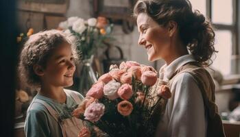 Mother receiving a bouquet of flowers from her child, with a bright smile on both their faces. Mother's Day. photo