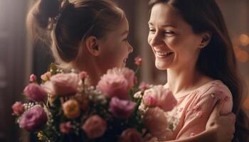 Mother receiving a bouquet of flowers from her child, with a bright smile on both their faces. Mother's Day. photo