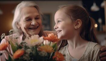 Mother receiving a bouquet of flowers from her child, with a bright smile on both their faces. Mother's Day. photo