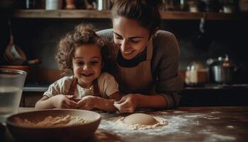 Mother and child bonding over a shared activity, such as cooking or crafting. Mother's Day. photo