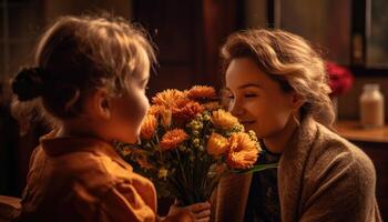 Mother receiving a bouquet of flowers from her child, with a bright smile on both their faces. Mother's Day. photo