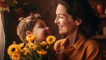 Mother receiving a bouquet of flowers from her child, with a bright smile on both their faces. Mother's Day. photo