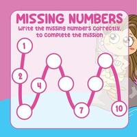 Missing numbers. Write the answer correctly. Educational printable math worksheet. Counting practice. Vector file.