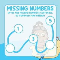 Missing numbers. Write the answer correctly. Educational printable math worksheet. Counting practice. Vector file.