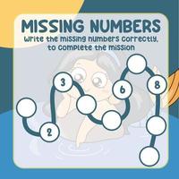 Missing numbers. Write the answer correctly. Educational printable math worksheet. Counting practice. Vector file.
