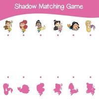 Mermaids matching shadow game for Preschool Children. Educational printable worksheet. Cute adorable mermaids. Vector illustration.