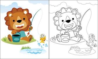 Coloring book or page of cute lion cartoon fishing vector