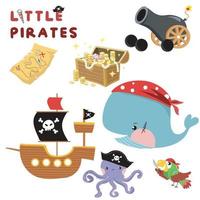 Cute little pirate on white background for kids fashion artworks, children books, birthday invitations, greeting cards, posters. Fantasy cartoon vector illustration.