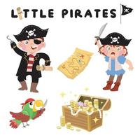 Cute little pirate on white background for kids fashion artworks, children books, birthday invitations, greeting cards, posters. Fantasy cartoon vector illustration.