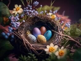 Happy Easter background concept with easter eggs in nest and spring flowers created with technology photo