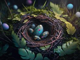 Happy Easter background concept with easter eggs in nest and spring flowers created with technology photo