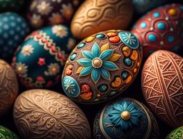 Happy Easter background concept with colorful easter eggs flat lay created with technology photo