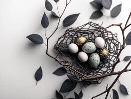 Happy Easter background concept with easter eggs and willow branch on a white background created with technology photo