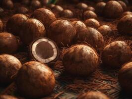 Beautiful organic background of freshly picked coconuts created with technology photo