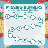 Missing numbers. Write the answer correctly. Educational printable math worksheet. Counting practice. Vector file.