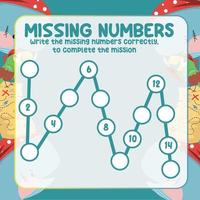 Missing numbers. Write the answer correctly. Educational printable math worksheet. Counting practice. Vector file.