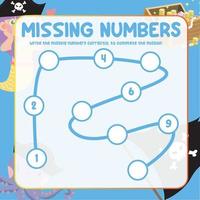 Missing numbers. Write the answer correctly. Educational printable math worksheet. Counting practice. Vector file.