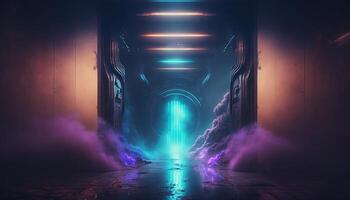 Smoke Fog Futuristic Hall Corridor with Neon Laser Led Blue Purple Glowing Tunnel Metal Reflection. photo