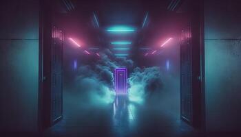 Smoke Fog Futuristic Hall Corridor with Neon Laser Led Blue Purple Glowing Tunnel Metal Reflection. photo