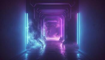 Smoke Fog Futuristic Hall Corridor with Neon Laser Led Blue Purple Glowing Tunnel Metal Reflection. photo