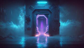Smoke Fog Futuristic Hall Corridor with Neon Laser Led Blue Purple Glowing Tunnel Metal Reflection. photo