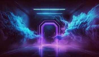 Smoke Fog Futuristic Hall Corridor with Neon Laser Led Blue Purple Glowing Tunnel Metal Reflection. photo