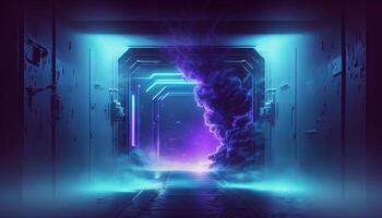 Smoke Fog Futuristic Hall Corridor with Neon Laser Led Blue Purple Glowing Tunnel Metal Reflection. photo