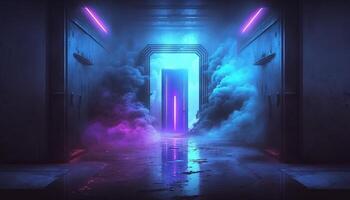fumar niebla futurista salón corredor con neón láser LED azul púrpura brillante túnel metal reflexión. generativo ai foto
