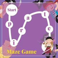 Maze game for children. Pirates worksheet theme. Educational printable sheet. Vector file.