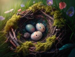 Happy Easter background concept with easter eggs in nest and spring flowers created with technology photo